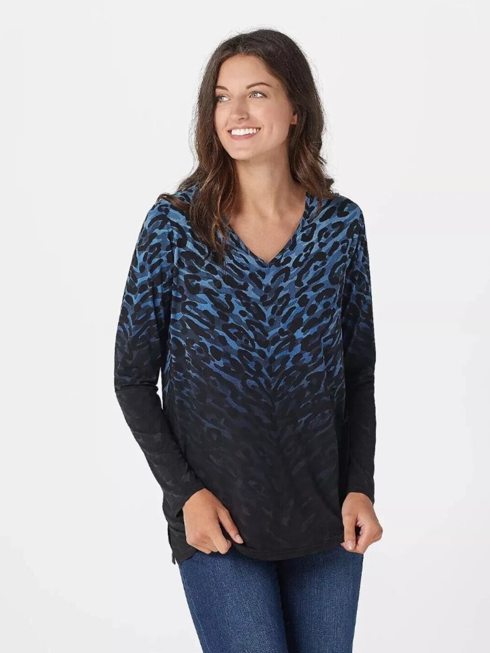 Belle by Kim Gravel Animal Print Knit Top In Blue Denim A369705 Size S